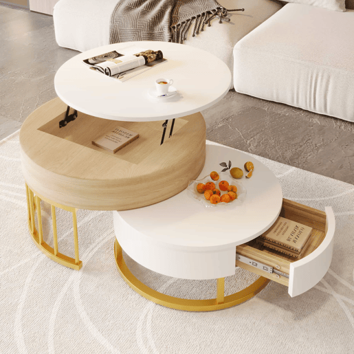 Conjunto de 2 mesas de encaixe - com 2 gavetas - em MDF - Natural e Branco - Conjunto de 2 mesas de encaixe - com 2 gavetas - em MDF - Natural e Branco
