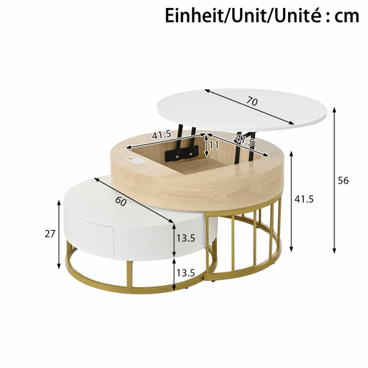 Conjunto de 2 mesas de encaixe - com 2 gavetas - em MDF - Natural e Branco - Conjunto de 2 mesas de encaixe - com 2 gavetas - em MDF - Natural e Branco