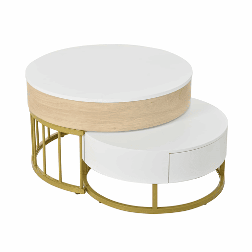 Conjunto de 2 mesas de encaixe - com 2 gavetas - em MDF - Natural e Branco - Conjunto de 2 mesas de encaixe - com 2 gavetas - em MDF - Natural e Branco
