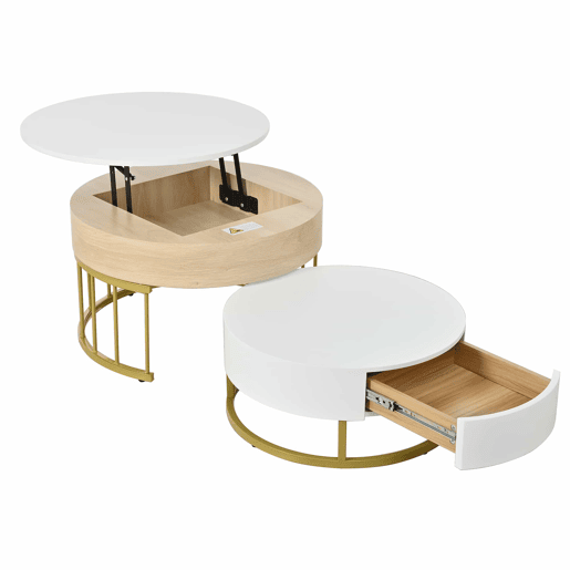 Conjunto de 2 mesas de encaixe - com 2 gavetas - em MDF - Natural e Branco - Conjunto de 2 mesas de encaixe - com 2 gavetas - em MDF - Natural e Branco