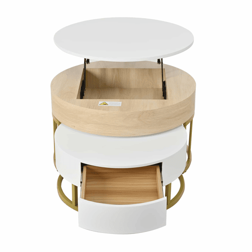Conjunto de 2 mesas de encaixe - com 2 gavetas - em MDF - Natural e Branco - Conjunto de 2 mesas de encaixe - com 2 gavetas - em MDF - Natural e Branco