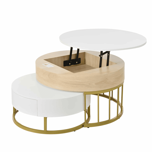 Conjunto de 2 mesas de encaixe - com 2 gavetas - em MDF - Natural e Branco - Conjunto de 2 mesas de encaixe - com 2 gavetas - em MDF - Natural e Branco