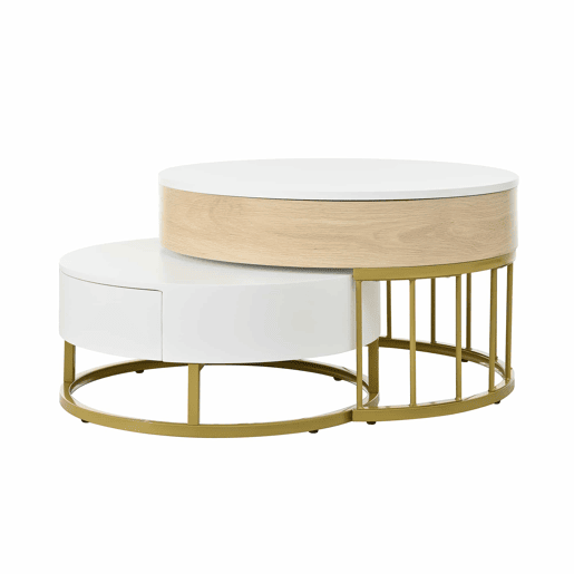 Conjunto de 2 mesas de encaixe - com 2 gavetas - em MDF - Natural e Branco - Conjunto de 2 mesas de encaixe - com 2 gavetas - em MDF - Natural e Branco