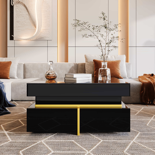 Mesa de centro com 2 gavetas - aspeto brilhante e decorações douradas - Preto