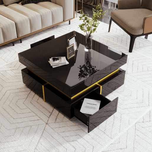 Mesa de centro com 2 gavetas - aspeto brilhante e decorações douradas - Preto