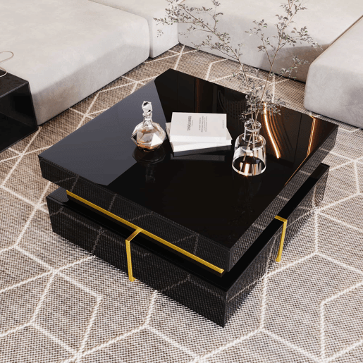 Mesa de centro com 2 gavetas - aspeto brilhante e decorações douradas - Preto