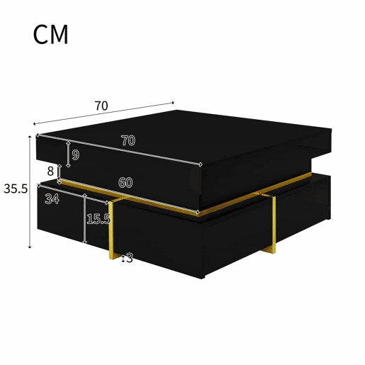 Mesa de centro com 2 gavetas - aspeto brilhante e decorações douradas - Preto