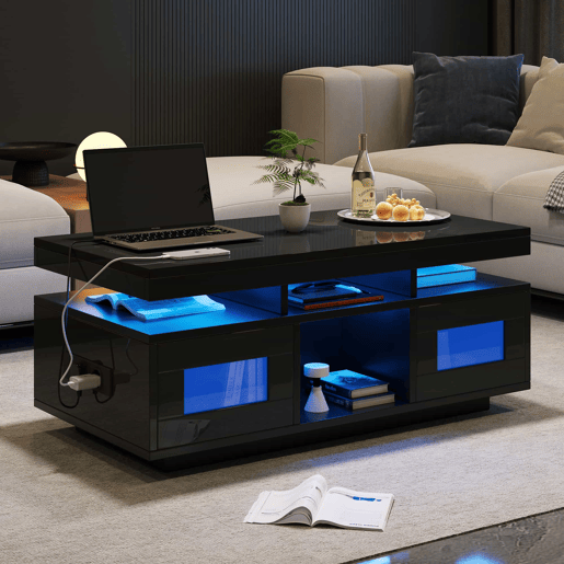 Mesa de centro 100x50x43 cm - Com luzes LED controláveis por aplicação, mesa com armazenamento e portas de carregamento - Preto