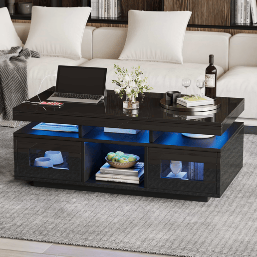 Mesa de centro 100x50x43 cm - Com luzes LED controláveis por aplicação, mesa com armazenamento e portas de carregamento - Preto