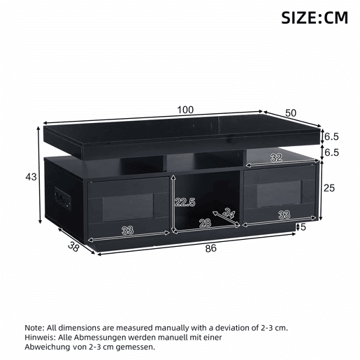 Mesa de centro 100x50x43 cm - Com luzes LED controláveis por aplicação, mesa com armazenamento e portas de carregamento - Preto