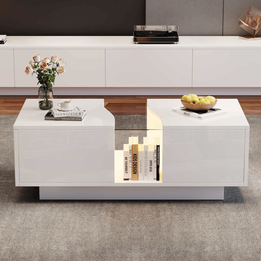Mesa de café moderna LED - 100 x 50 x 35 cm - Mesa auxiliar branca com luz LED e painel acrílico - Branco Mesa de café moderna LED - 100 x 50 x 35 cm - Mesa auxiliar branca com luz LED e painel acrílico - Branco