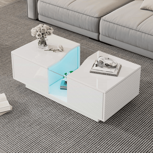 Mesa de café moderna LED - 100 x 50 x 35 cm - Mesa auxiliar branca com luz LED e painel acrílico - Branco Mesa de café moderna LED - 100 x 50 x 35 cm - Mesa auxiliar branca com luz LED e painel acrílico - Branco