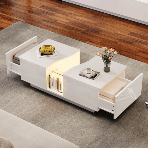 Mesa de café moderna LED - 100 x 50 x 35 cm - Mesa auxiliar branca com luz LED e painel acrílico - Branco Mesa de café moderna LED - 100 x 50 x 35 cm - Mesa auxiliar branca com luz LED e painel acrílico - Branco