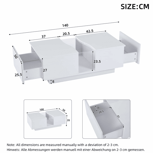 Mesa de café moderna LED - 100 x 50 x 35 cm - Mesa auxiliar branca com luz LED e painel acrílico - Branco Mesa de café moderna LED - 100 x 50 x 35 cm - Mesa auxiliar branca com luz LED e painel acrílico - Branco