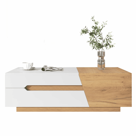 Mesa de centro extensível - Mesa de sala com gavetas - Mesa auxiliar com estrutura em blocos coloridos - Natural, Branco