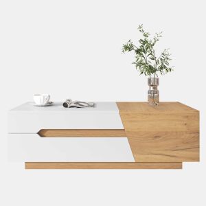Mesa de centro extensível - Mesa de sala com gavetas - Mesa auxiliar com estrutura em blocos coloridos - Natural, Branco
