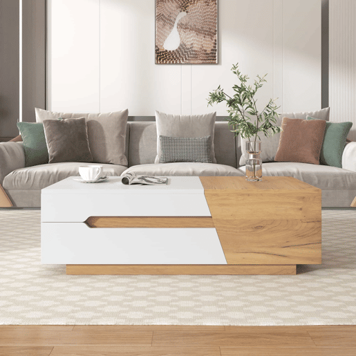 Mesa de centro extensível - Mesa de sala com gavetas - Mesa auxiliar com estrutura em blocos coloridos - Natural, Branco
