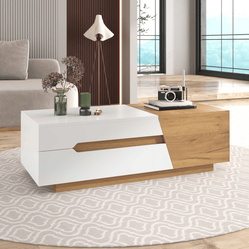 Mesa de centro extensível - Mesa de sala com gavetas - Mesa auxiliar com estrutura em blocos coloridos - Natural, Branco
