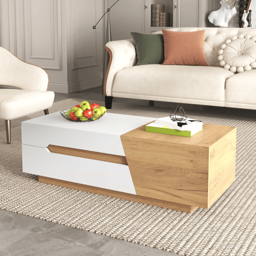 Mesa de centro extensível - Mesa de sala com gavetas - Mesa auxiliar com estrutura em blocos coloridos - Natural, Branco