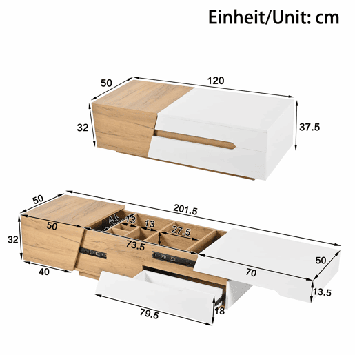Mesa de centro extensível - Mesa de sala com gavetas - Mesa auxiliar com estrutura em blocos coloridos - Natural, Branco