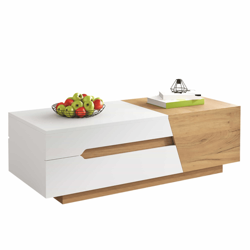 Mesa de centro extensível - Mesa de sala com gavetas - Mesa auxiliar com estrutura em blocos coloridos - Natural, Branco
