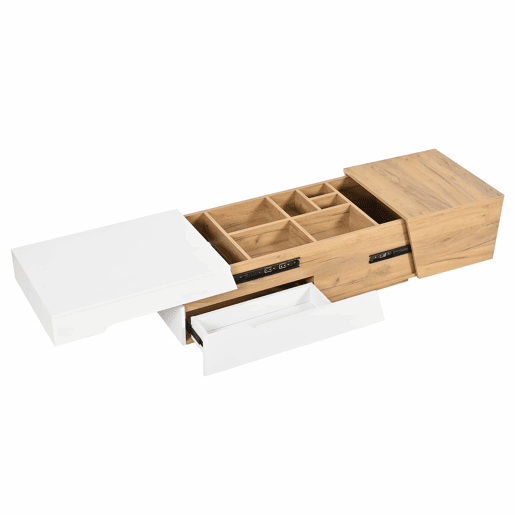 Mesa de centro extensível - Mesa de sala com gavetas - Mesa auxiliar com estrutura em blocos coloridos - Natural, Branco