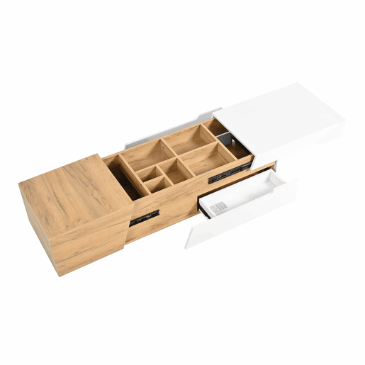 Mesa de centro extensível - Mesa de sala com gavetas - Mesa auxiliar com estrutura em blocos coloridos - Natural, Branco