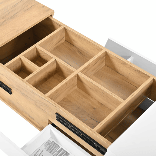 Mesa de centro extensível - Mesa de sala com gavetas - Mesa auxiliar com estrutura em blocos coloridos - Natural, Branco