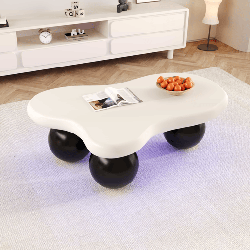 Mesa de centro nuvem - Design de nuvens com iluminação LED, pernas redondas, estilo moderno - Preto+Branco