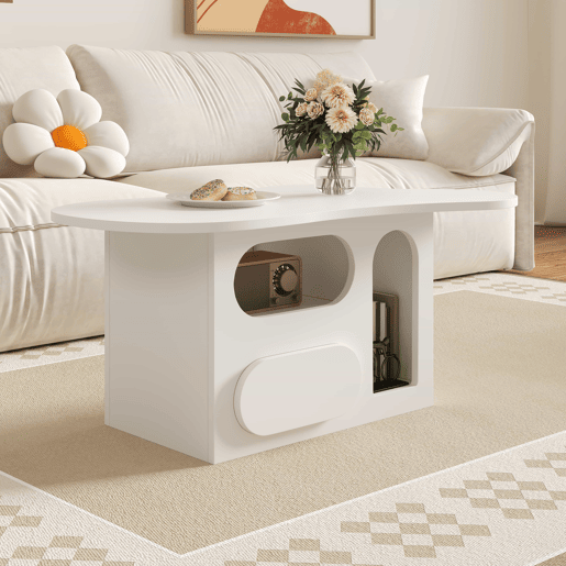 Mesa de centro 97x45x43,5 cm - Mesa de centro com gavetas, design em forma de nuvem, com prateleiras abertas - Branco