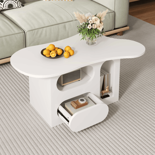 Mesa de centro 97x45x43,5 cm - Mesa de centro com gavetas, design em forma de nuvem, com prateleiras abertas - Branco