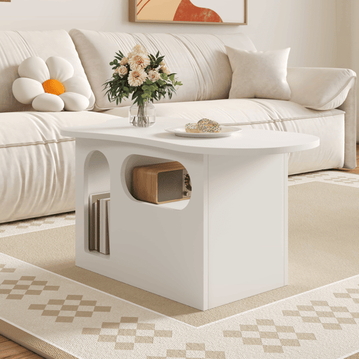 Mesa de centro 97x45x43,5 cm - Mesa de centro com gavetas, design em forma de nuvem, com prateleiras abertas - Branco