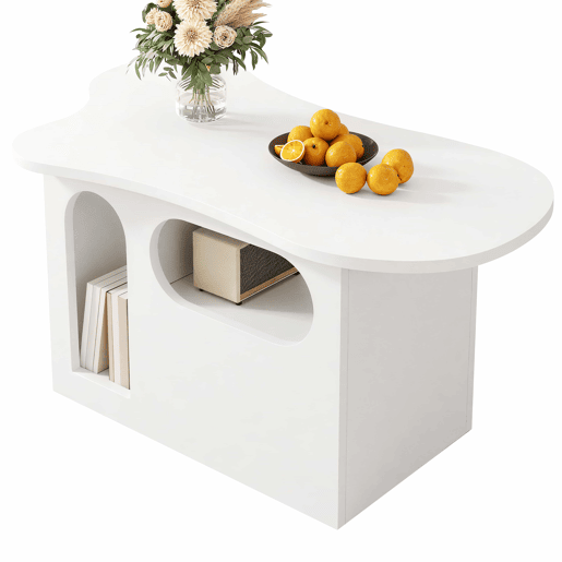 Mesa de centro 97x45x43,5 cm - Mesa de centro com gavetas, design em forma de nuvem, com prateleiras abertas - Branco