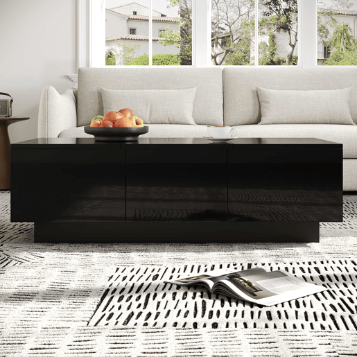 Mesa de centro 100x50 cm - moderna com gavetas e compartimento deslizante - preto brilhante Mesa de centro 100x50 cm - moderna com gavetas e compartimento deslizante - preto brilhante