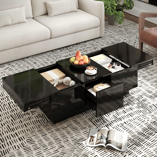 Mesa de centro 100x50 cm - moderna com gavetas e compartimento deslizante - preto brilhante Mesa de centro 100x50 cm - moderna com gavetas e compartimento deslizante - preto brilhante