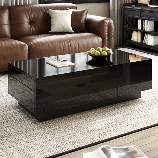 Mesa de centro 100x50 cm - moderna com gavetas e compartimento deslizante - preto brilhante Mesa de centro 100x50 cm - moderna com gavetas e compartimento deslizante - preto brilhante