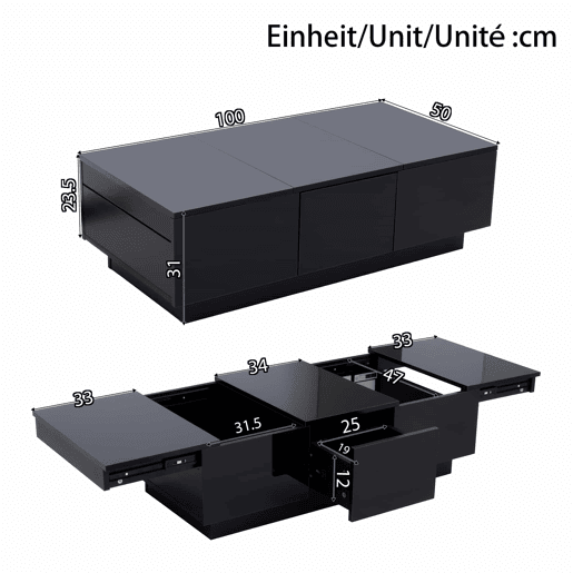 Mesa de centro 100x50 cm - moderna com gavetas e compartimento deslizante - preto brilhante Mesa de centro 100x50 cm - moderna com gavetas e compartimento deslizante - preto brilhante