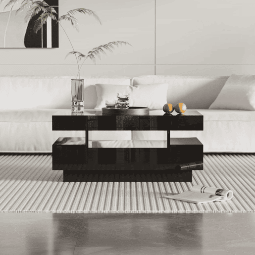 Mesa de centro com LED - acabamento brilhante - 4 gavetas à frente e atrás - Preto
