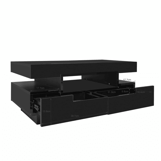 Mesa de centro com LED - acabamento brilhante - 4 gavetas à frente e atrás - Preto