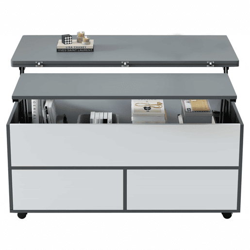 Mesa de centro 100x98x65 cm - Mesa de café elevável com arrumação oculta e prateleira, mesa multifuncional com rodas e gavetas - Cinza-branco