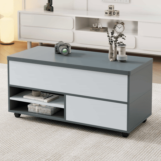 Mesa de centro 100x98x65 cm - Mesa de café elevável com arrumação oculta e prateleira, mesa multifuncional com rodas e gavetas - Cinza-branco