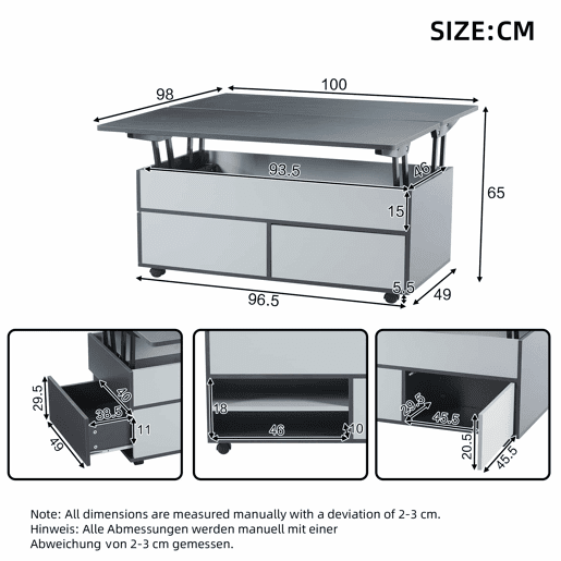Mesa de centro 100x98x65 cm - Mesa de café elevável com arrumação oculta e prateleira, mesa multifuncional com rodas e gavetas - Cinza-branco
