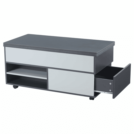 Mesa de centro 100x98x65 cm - Mesa de café elevável com arrumação oculta e prateleira, mesa multifuncional com rodas e gavetas - Cinza-branco