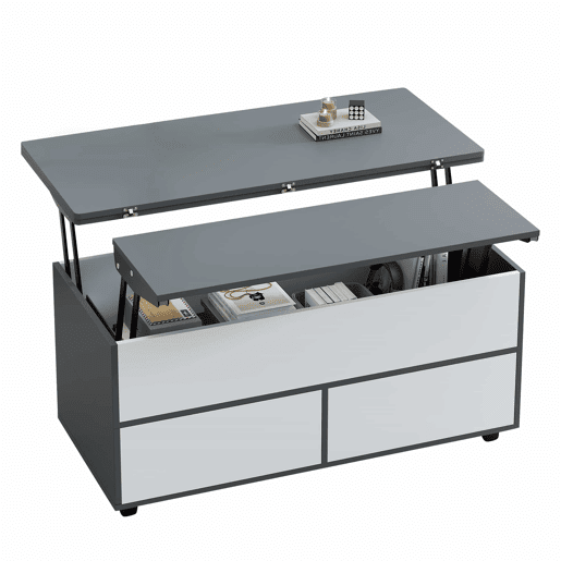 Mesa de centro 100x98x65 cm - Mesa de café elevável com arrumação oculta e prateleira, mesa multifuncional com rodas e gavetas - Cinza-branco