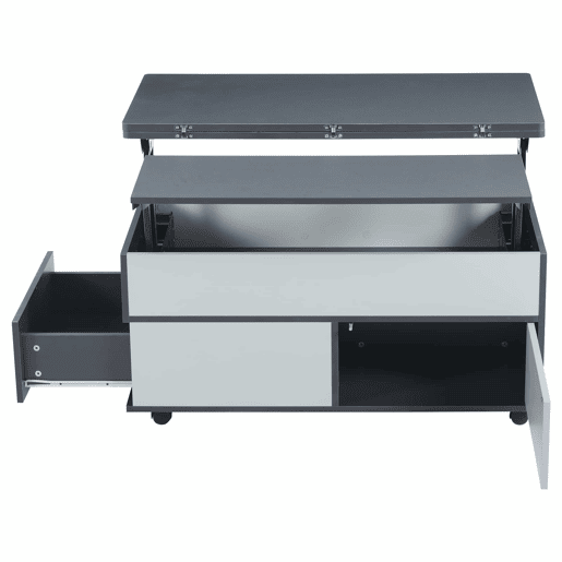 Mesa de centro 100x98x65 cm - Mesa de café elevável com arrumação oculta e prateleira, mesa multifuncional com rodas e gavetas - Cinza-branco