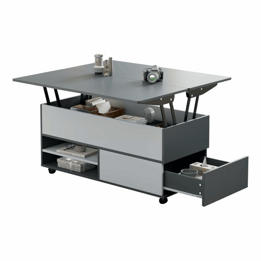 Mesa de centro 100x98x65 cm - Mesa de café elevável com arrumação oculta e prateleira, mesa multifuncional com rodas e gavetas - Cinza-branco