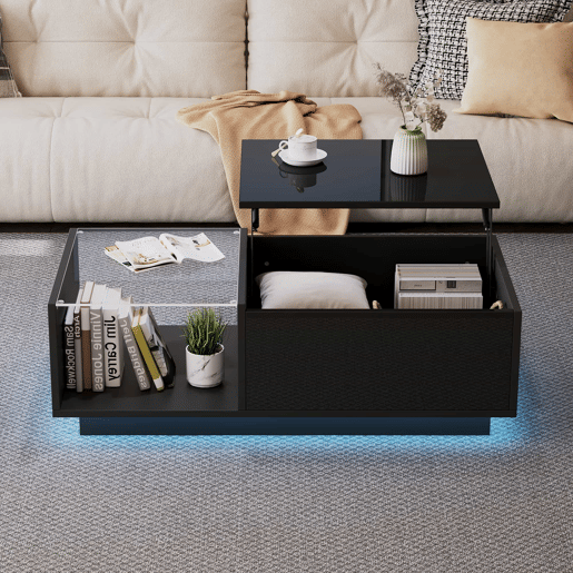 Mesa de café elevável 50x100x(33-46,5) cm - Mesa de sala com arrumação oculta, design de alto brilho, com LED