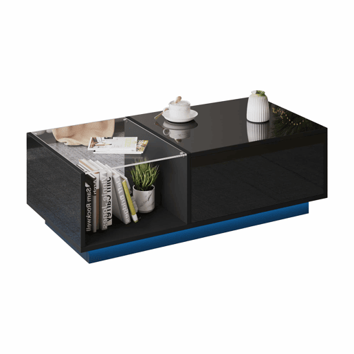 Mesa de café elevável 50x100x(33-46,5) cm - Mesa de sala com arrumação oculta, design de alto brilho, com LED
