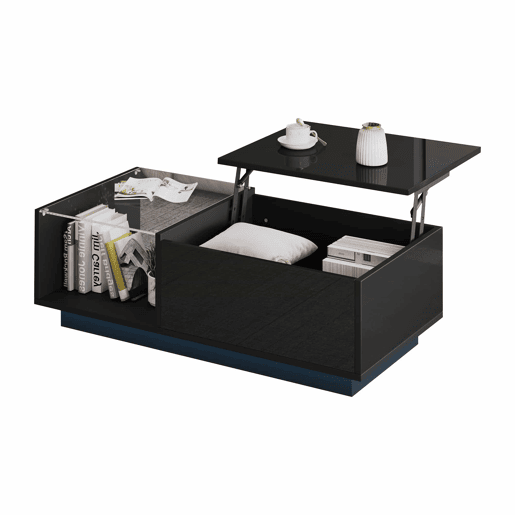 Mesa de café elevável 50x100x(33-46,5) cm - Mesa de sala com arrumação oculta, design de alto brilho, com LED