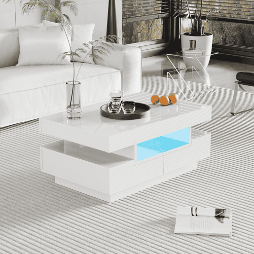 Mesa de centro com LED - acabamento brilhante - 4 gavetas à frente e atrás - Branco